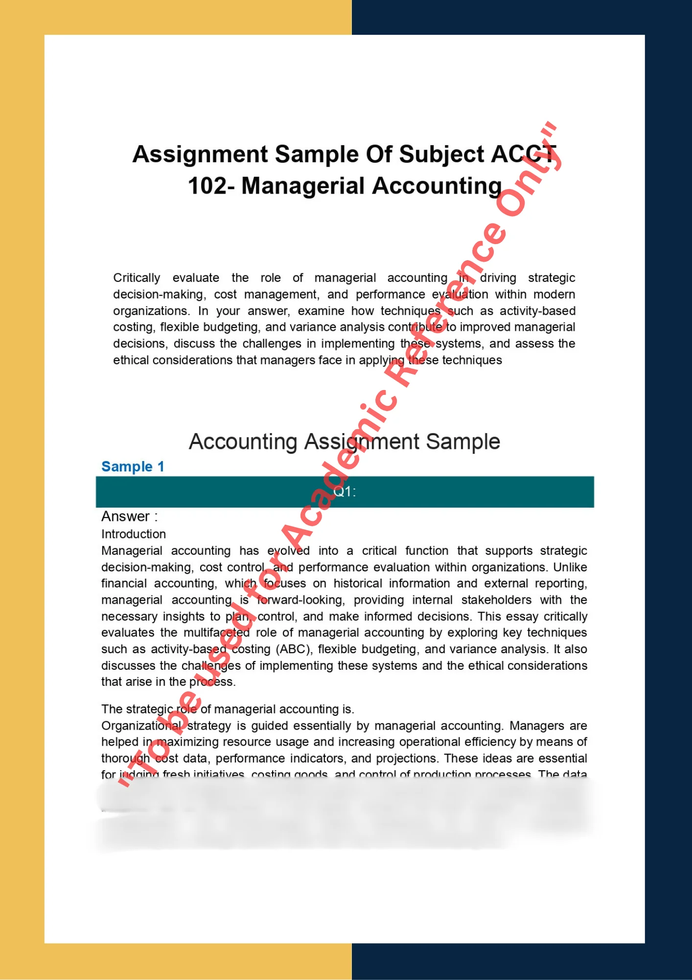 Assignment Sample Of Subject ACCT 102- Managerial Accounting 0